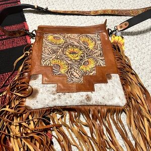 New western sunflower with calf hair crossbody bag
